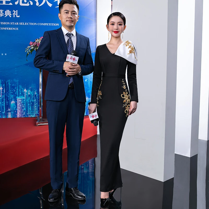 9305黑色长款国风优雅修身显瘦连衣裙夏宴会出演走秀主持人敬酒服