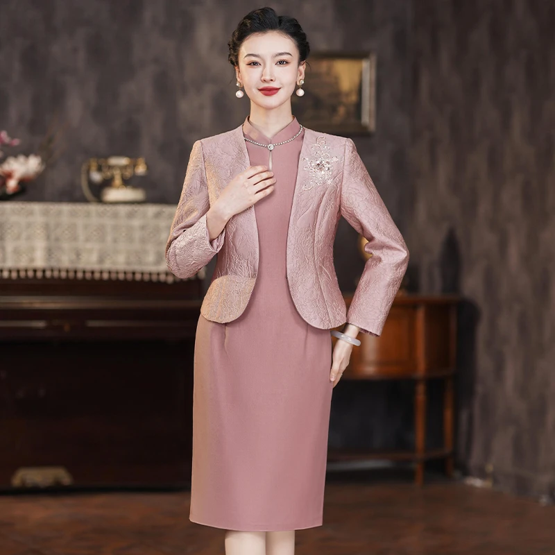 0739六月夏季新款年轻妈妈两件套连衣裙高端大气喜妈妈显瘦礼服裙