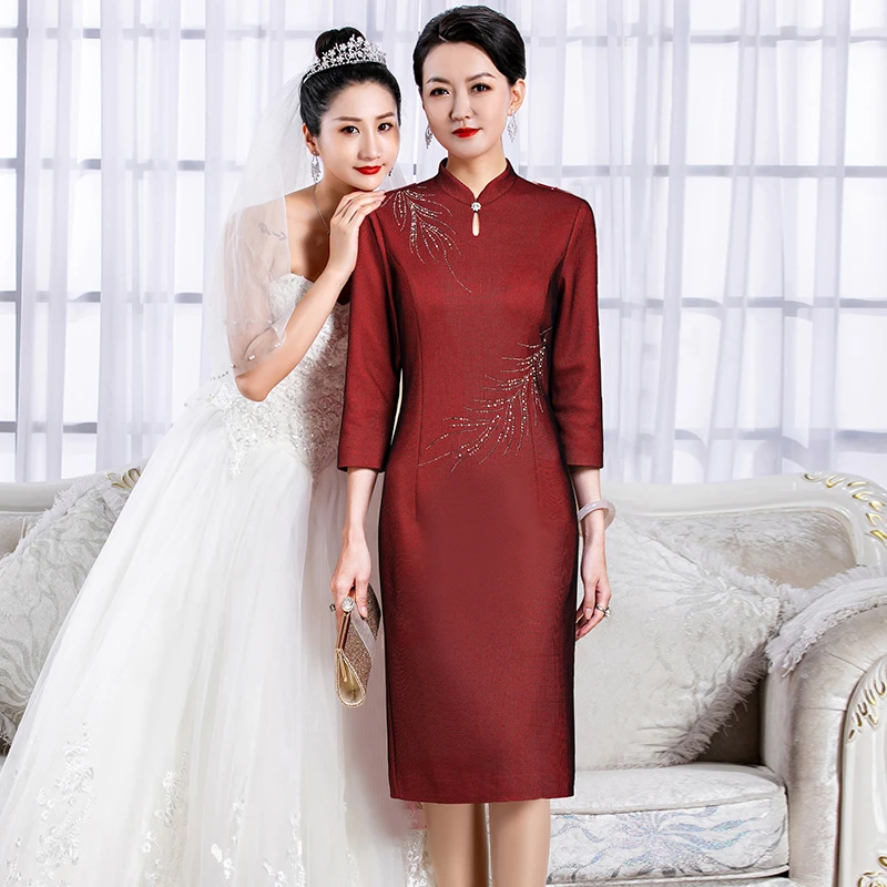 5622酒红色高级感喜妈妈晚礼服小个子可穿参加婚礼中式宴会礼服裙