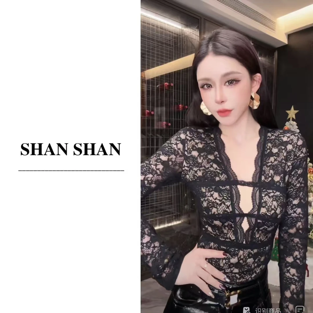 SS姗姗2024冬季新款蕾丝显瘦长袖时尚性感黑色修身t恤21260799
