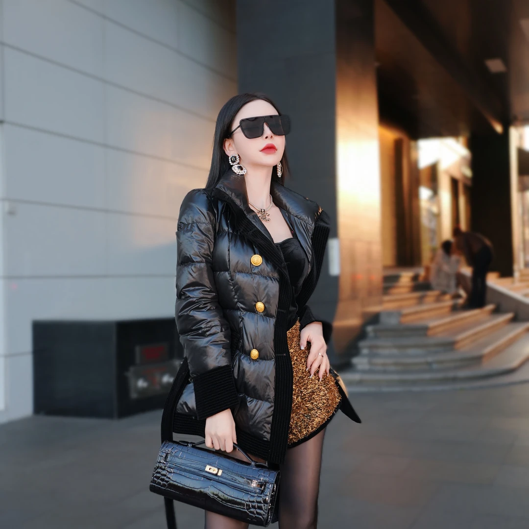 SHAN姗姗白鸭绒冬季女小香风气质轻奢黑长羽绒服冬装外套71150721