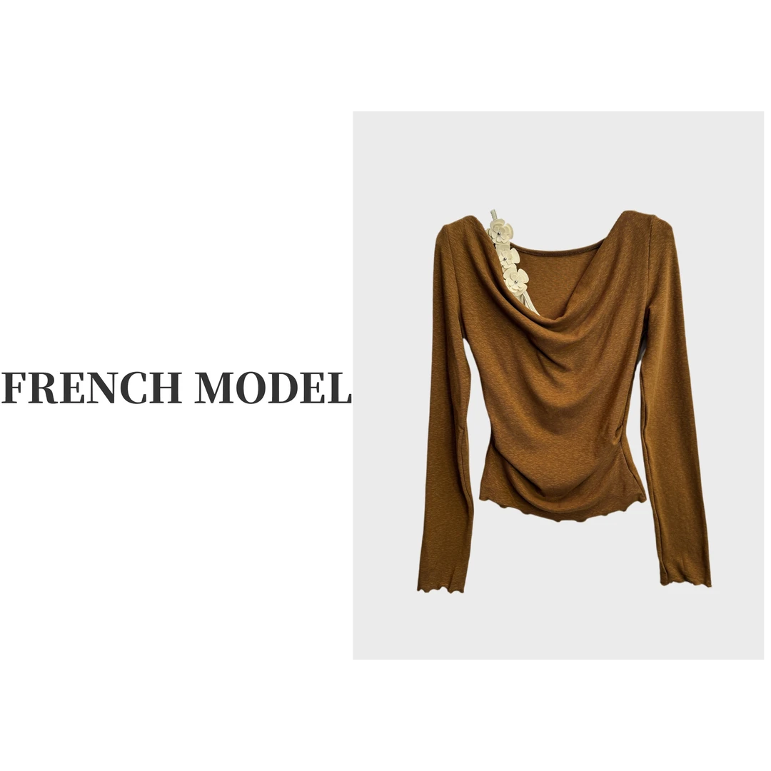 法模FRENCH MODEL畑畑.2024秋假两件花朵荡领打底上衣 41060451
