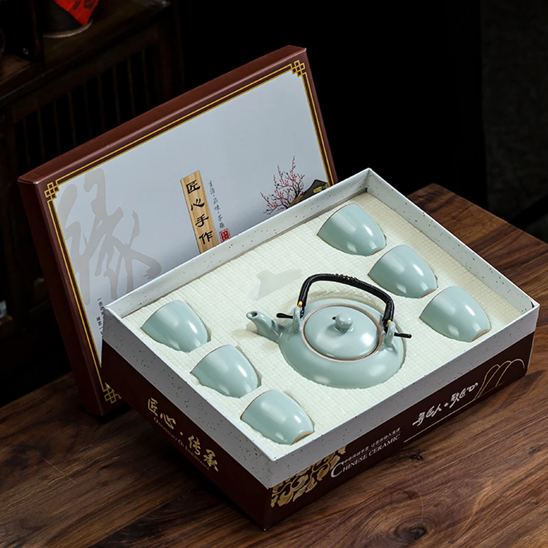 A 61套装家用简约功夫茶杯开片可养汝瓷大号泡茶壶