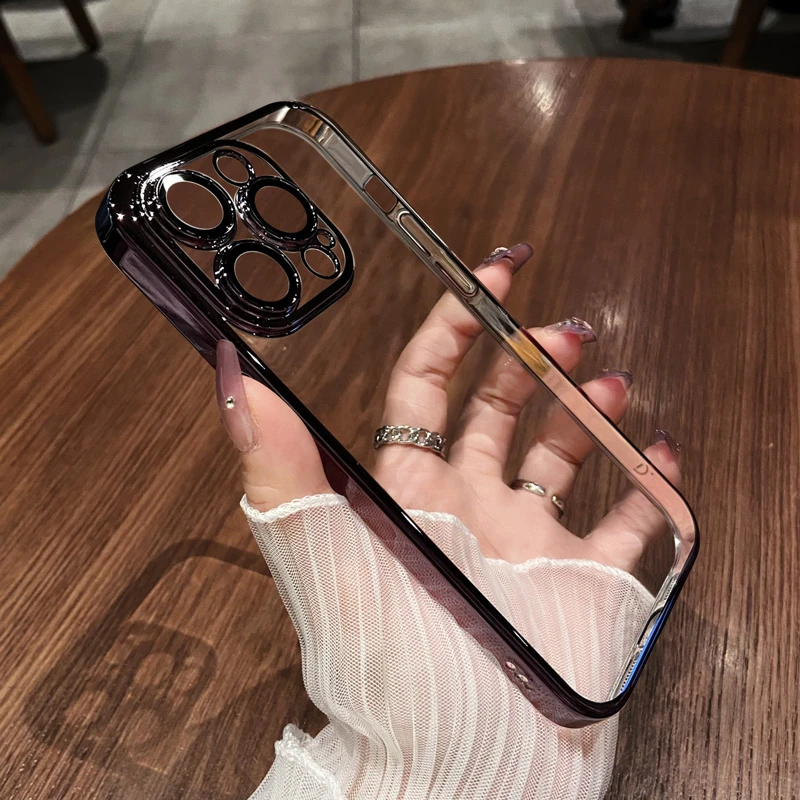 适用苹果14promax手机壳IP15超薄透明简约自带镜头膜防尘网电镀套