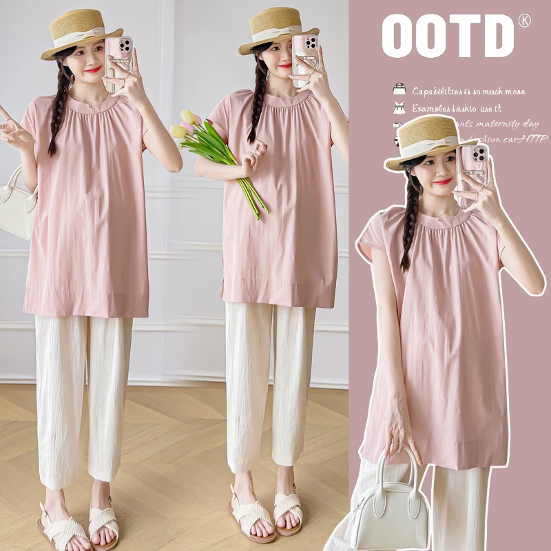 2024孕妈夏季网红时尚休闲薄款短袖法式下摆开叉设计圆领上衣