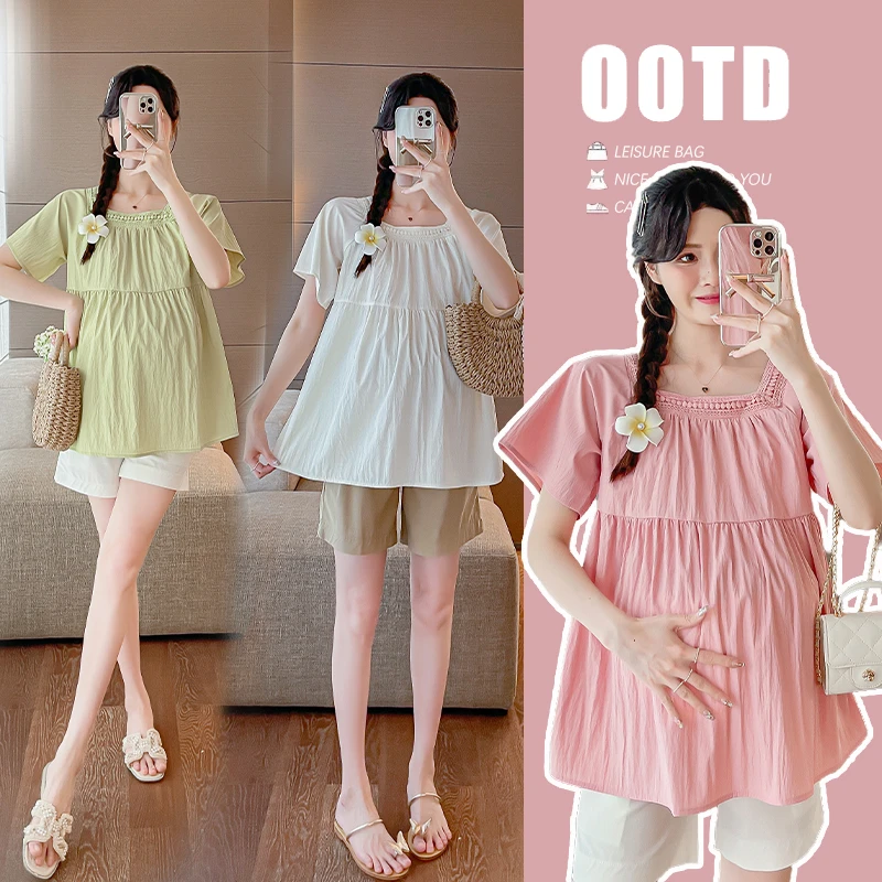 孕妇衬衣时尚新款夏季方领短袖中长款小衫孕妇洋气宽松夏季薄款