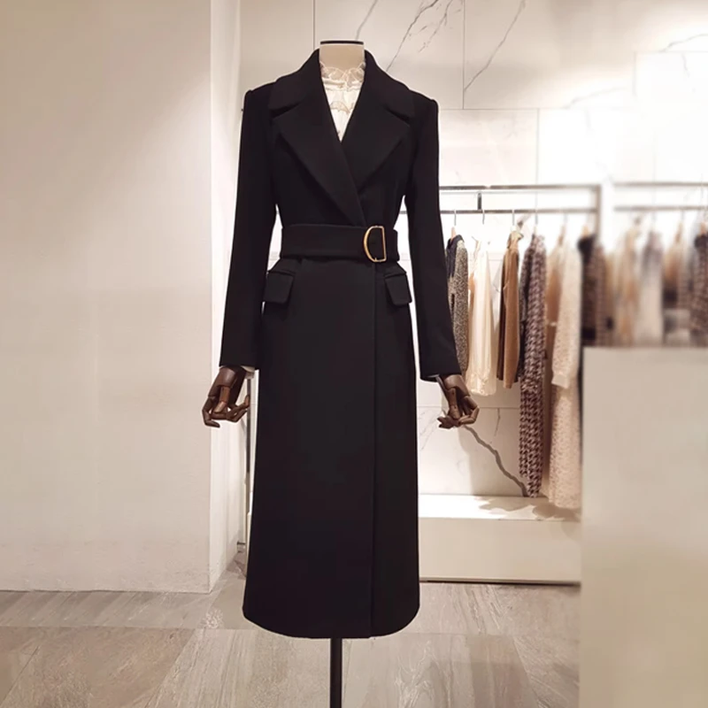2025秋冬新款时尚毛呢外套暗扣修身长款大翻西装领腰带呢子大衣女