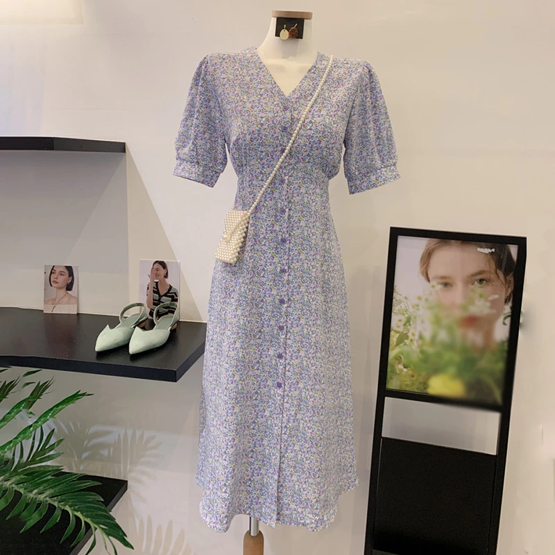 2025夏新款时尚气质法式中长V领碎花连衣裙收腰设计感小众显瘦裙