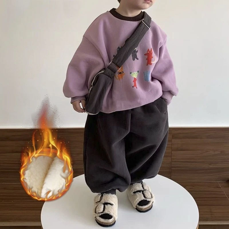 【咕噜】韩国洋气帅男童加绒卫衣套装儿童秋冬款宝宝百搭紫色套头