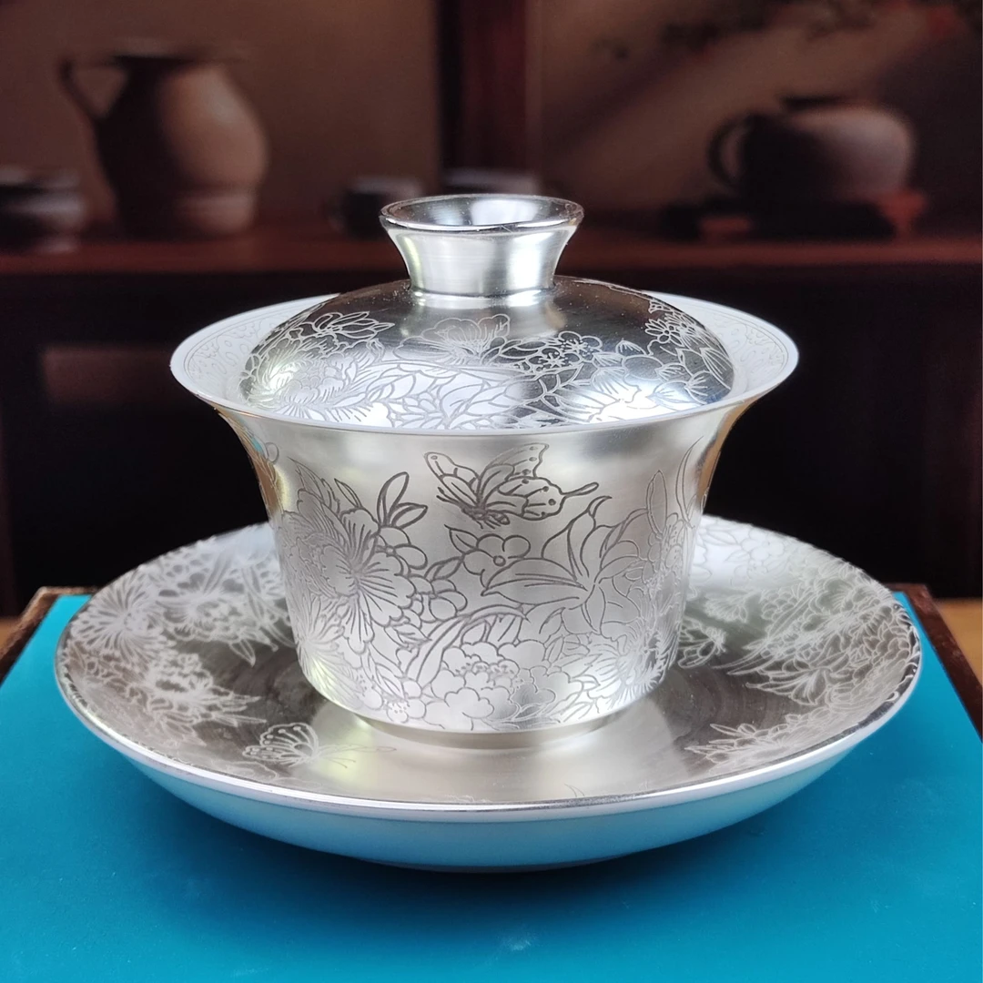 郑文强老师剃银蝶恋花盖碗Y50