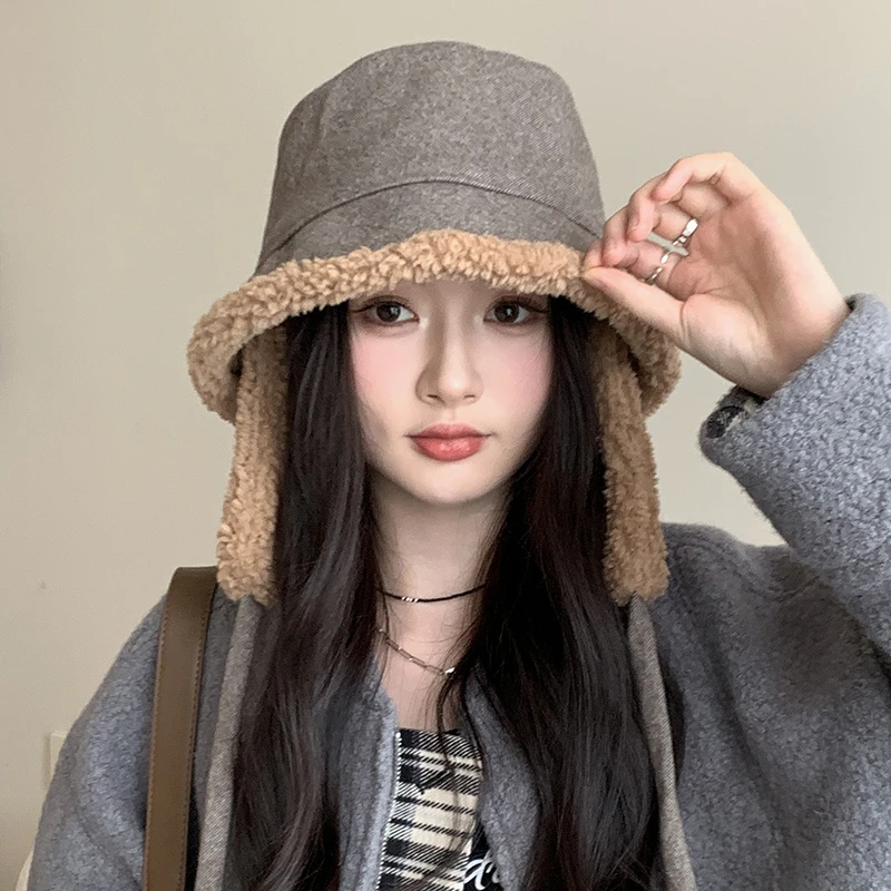 日系可拆卸护耳羊羔绒盆帽女秋冬季百搭骑车防风护耳保暖渔夫帽潮
