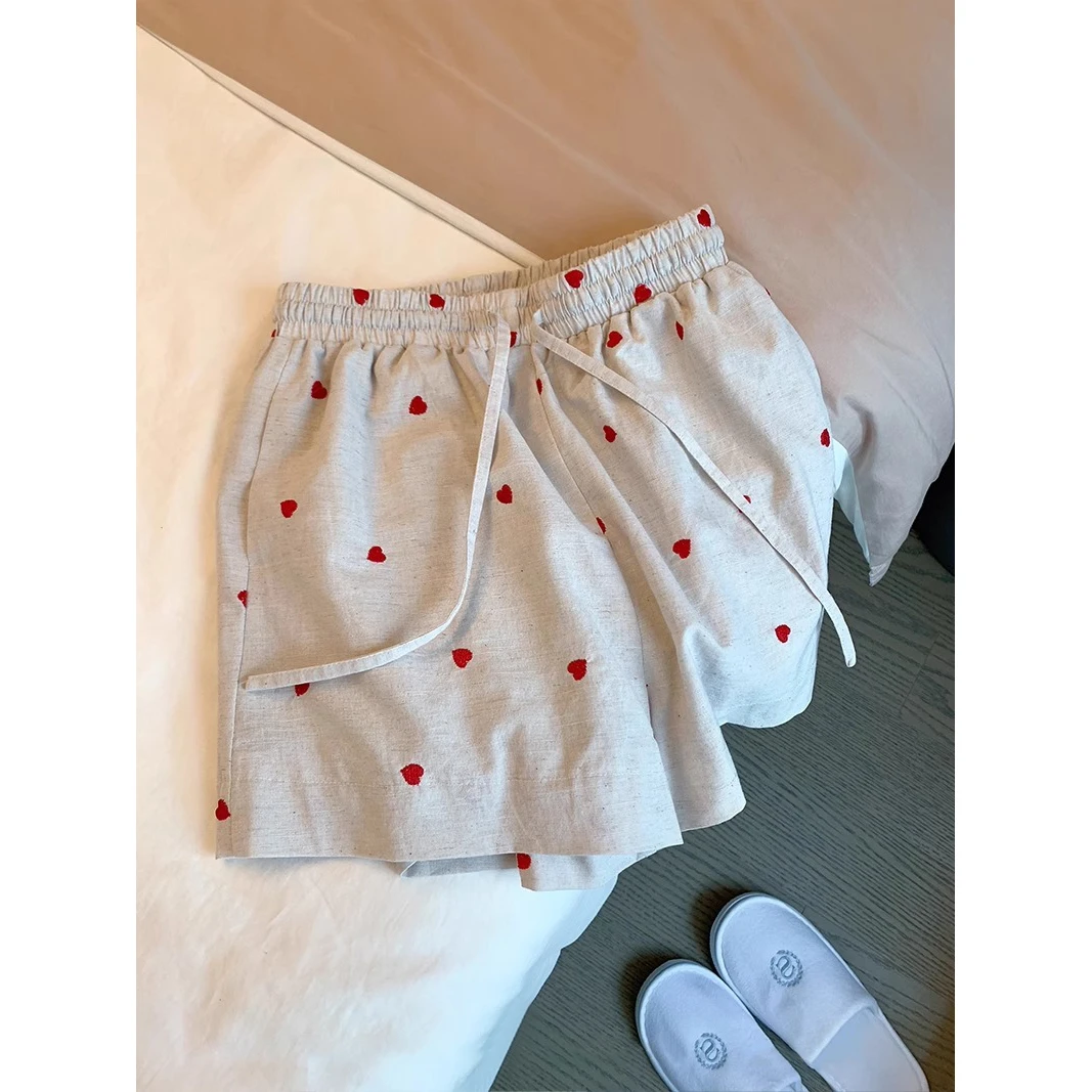 奥特莱斯~清仓折扣小众别致爱心满印短裤女夏季高腰抽绳阔腿裤子