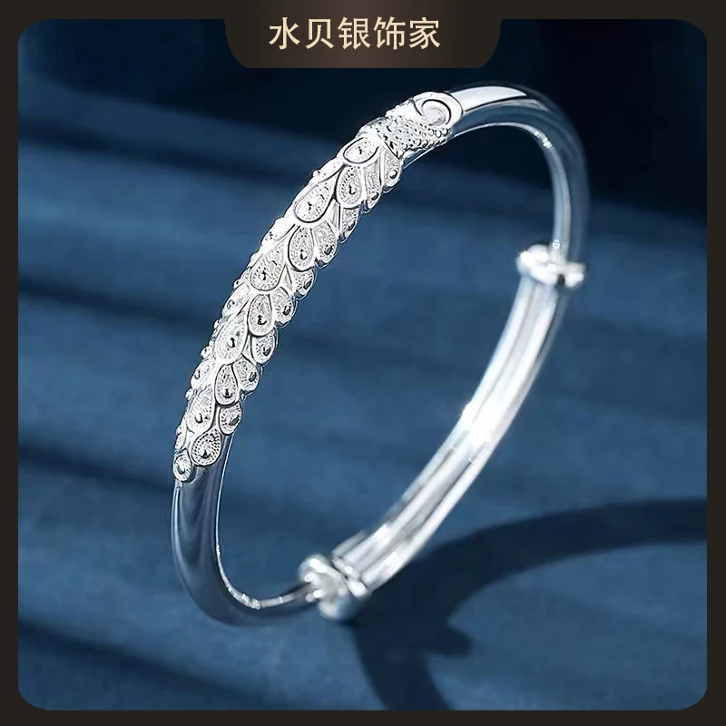 足银手镯 花丝孔雀手镯女款999纯银轻奢实心百搭经典网红七夕礼物