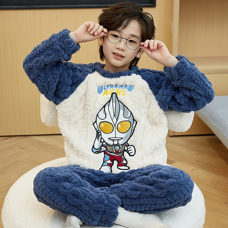 男孩睡衣珊瑚绒男童加绒儿童加厚款套头秋冬款套装保暖2023新款