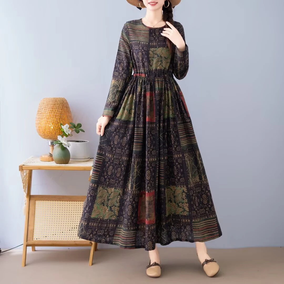 （入秋藏青色）民族风大摆裙2024秋冬款加厚长袖新款圆领腰复古长裙