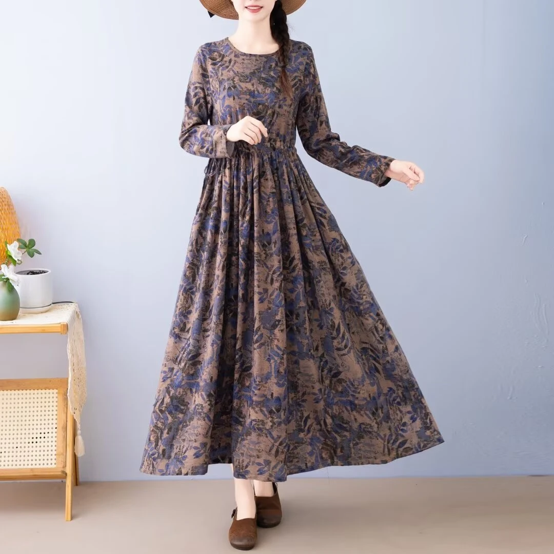 （蓝楹花）民族风大摆裙2024秋冬款加厚长袖新款圆领腰复古长裙