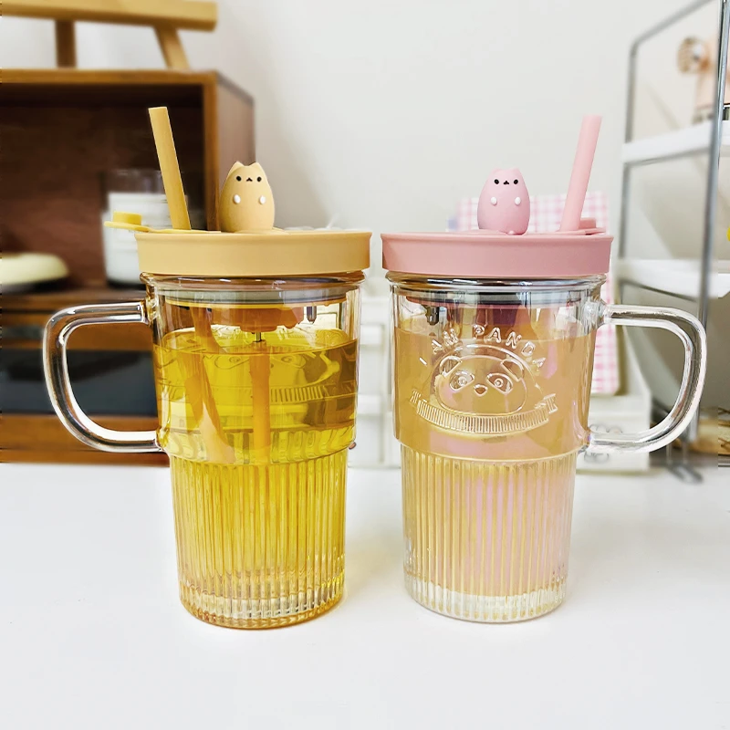 玻璃杯熊猫浮雕智能温显搅拌杯果汁牛奶杯早餐饮料杯搅拌杯情侣女