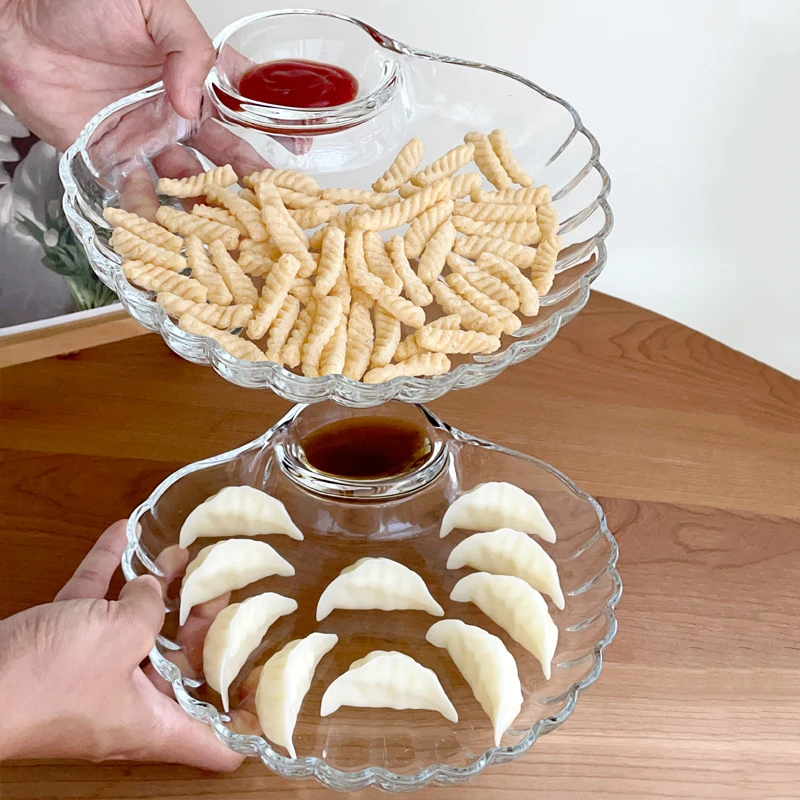 玻璃饺子盘带醋碟减脂分餐盘家用扇形贝壳水饺专用盘蘸料一体盘子