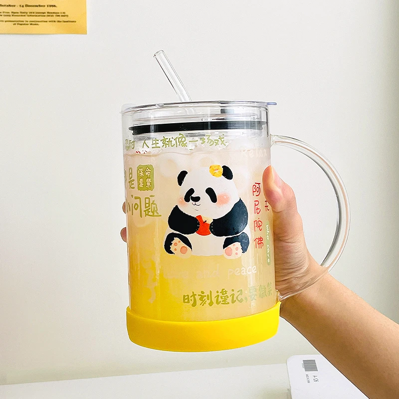 玻璃杯1000ml大容量水杯卡通熊猫高颜值杯子带盖带吸管家用早餐杯