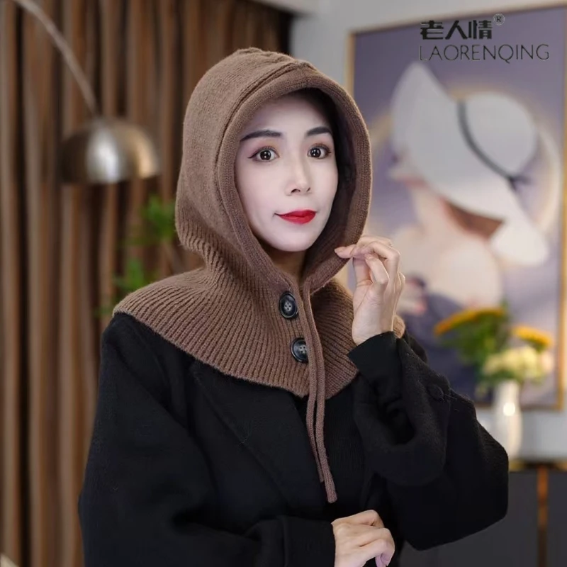 红色针织克拉克拉法帽带纽扣女秋冬季韩版保暖护耳显脸小毛线帽子