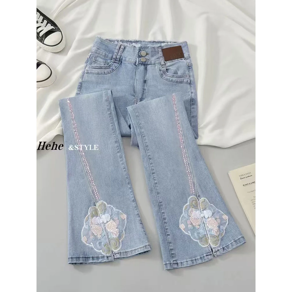 520国风微喇牛仔裤女2024新款新中式穿搭高腰重工钉珠盘扣喇叭裤