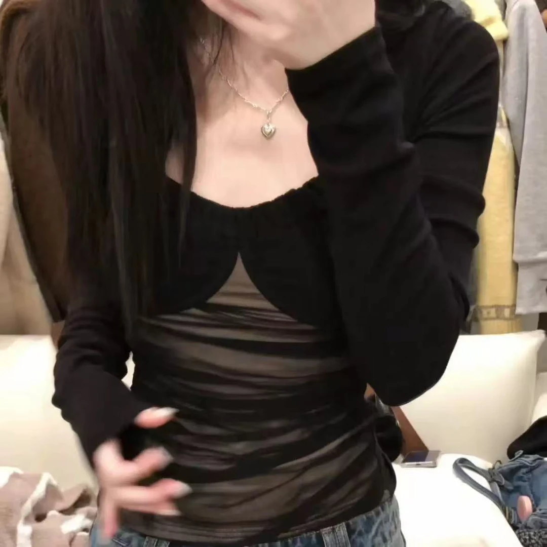 典雅暮色设计感胸型网纱上衣女2024冬季新款