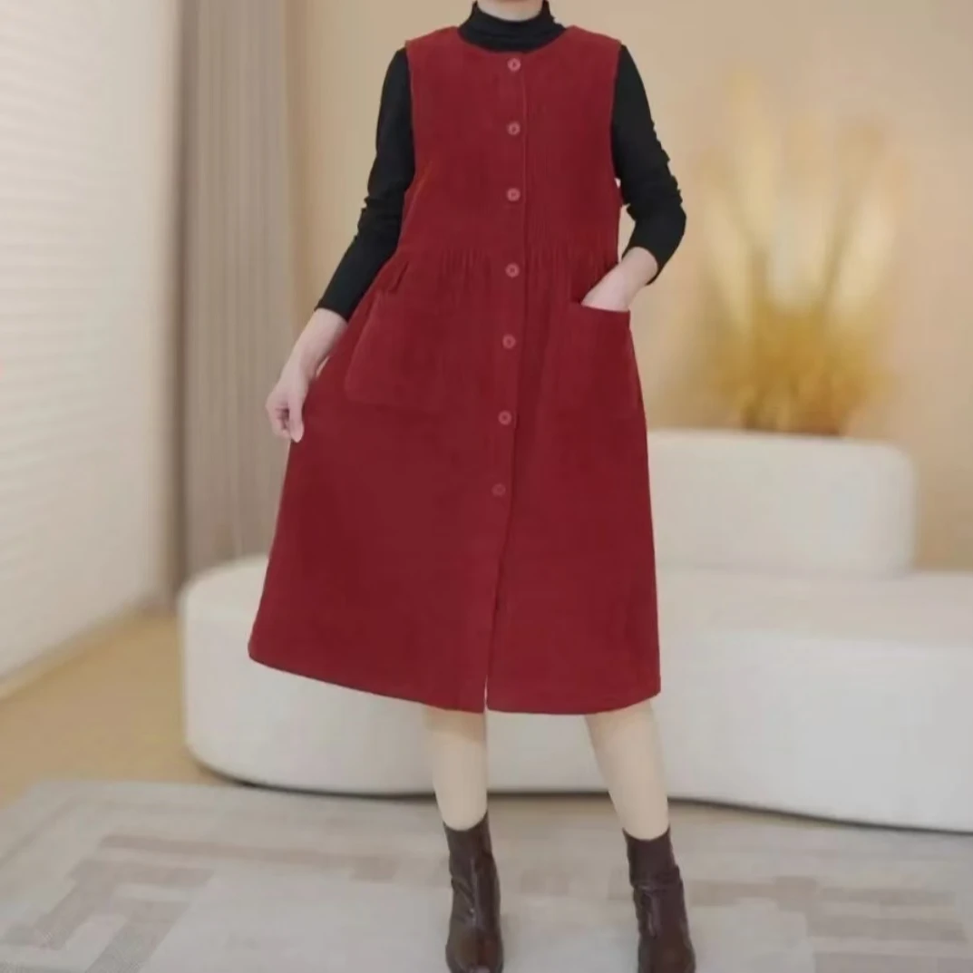 【灯芯绒】纯棉灯芯绒洋气时尚气质宽松收腰中长款马甲裙7702
