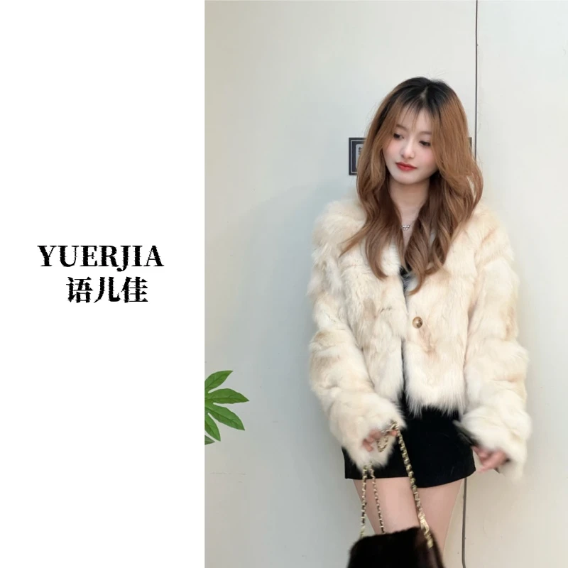 2024新款潮流时尚气质百搭简约通勤女神撞色狐狸毛外套大衣女