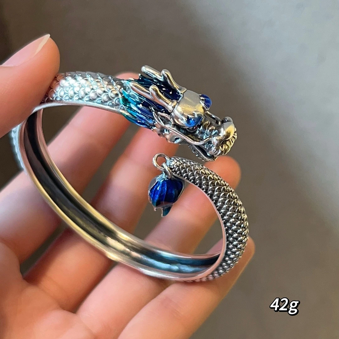 拾钰 足银手镯 足银999.9神龙摆尾银手镯本命年生肖龙镯子珐琅款