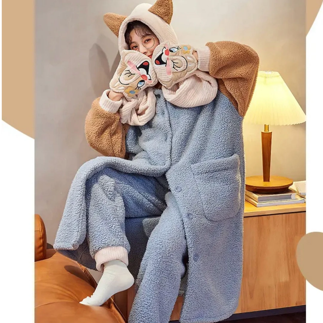 90-可爱款女士冬季加厚俏皮兔袍+裤套装