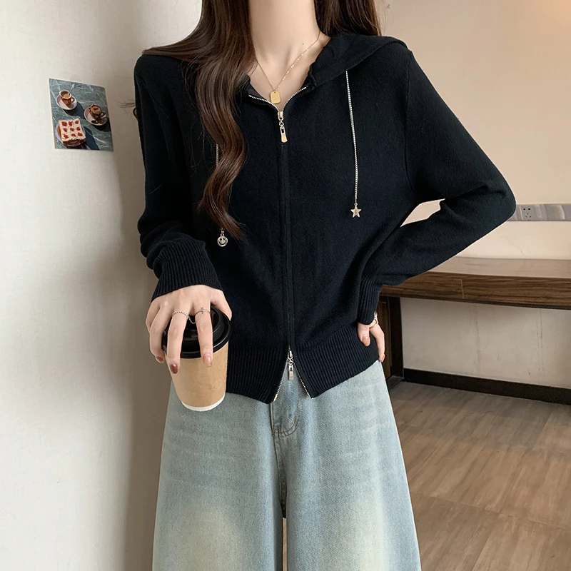 大码女装秋季新款2024小个子时尚百搭显瘦极简风连帽拉链针织毛衣