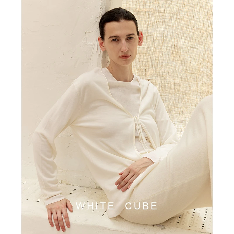 whitecube秋季慵懒感简约系带卷边100羊毛中长款针织开衫上衣女