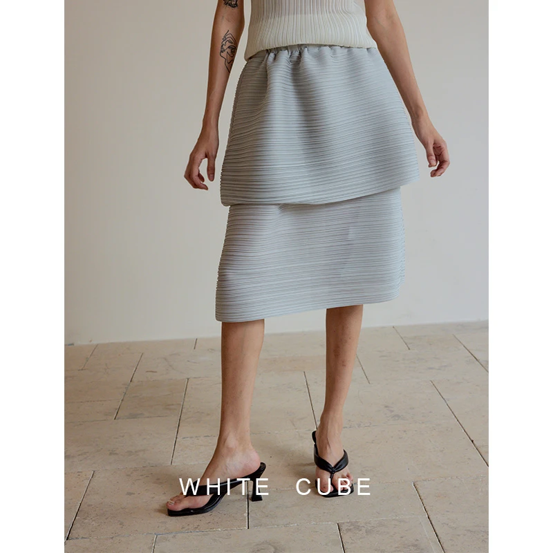 whitecube时髦双层显瘦高三宅风褶皱立裁不规则花苞过膝半身裙女