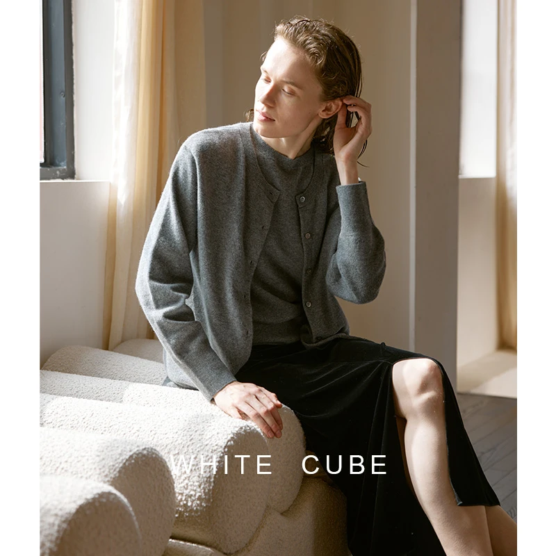 whitecube知识分子风90%羊毛10%羊绒背心针织开衫套装毛衣女秋冬