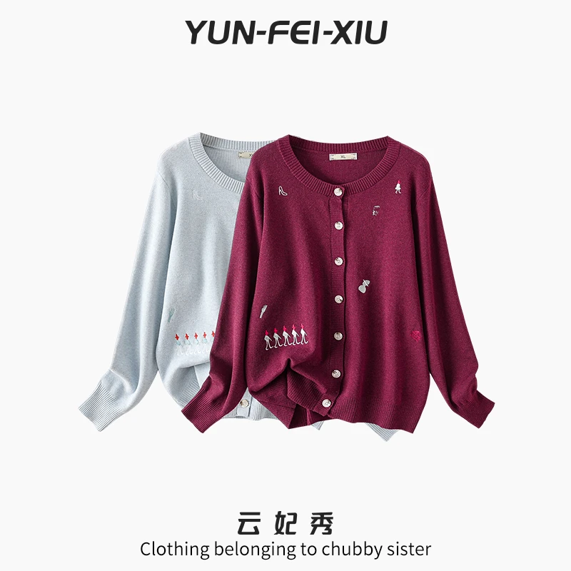 云妃秀大码女装针织衫时尚休闲微胖宽松显瘦圆领刺绣开衫冬85516