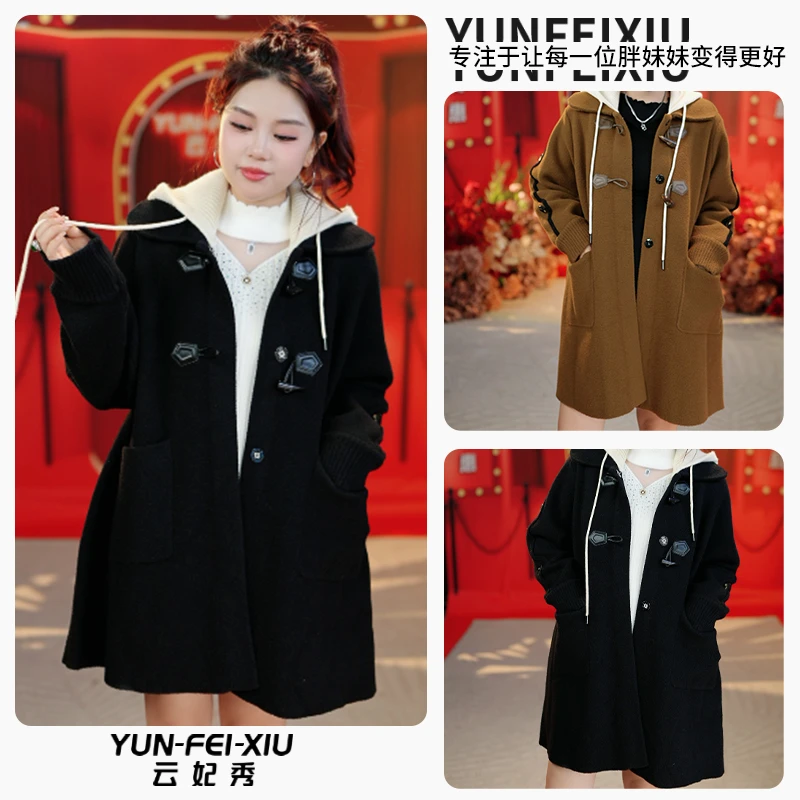 云妃秀大码女装外套时尚微胖宽松中长款百搭连帽韩版显瘦冬24352