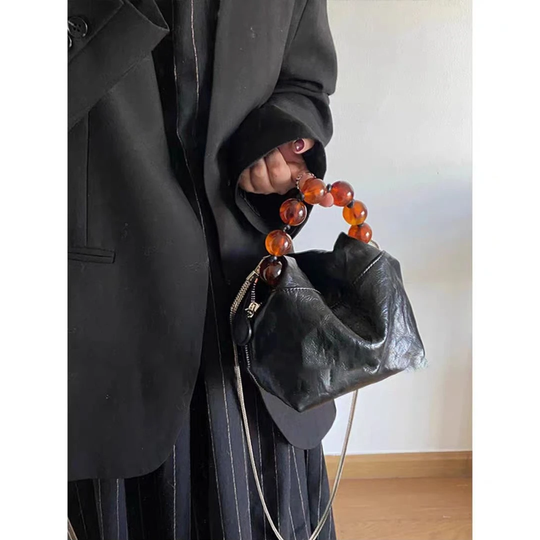 2025复古高级感国风串珠手拎包新中式包包女小众手抓纹斜挎小包包