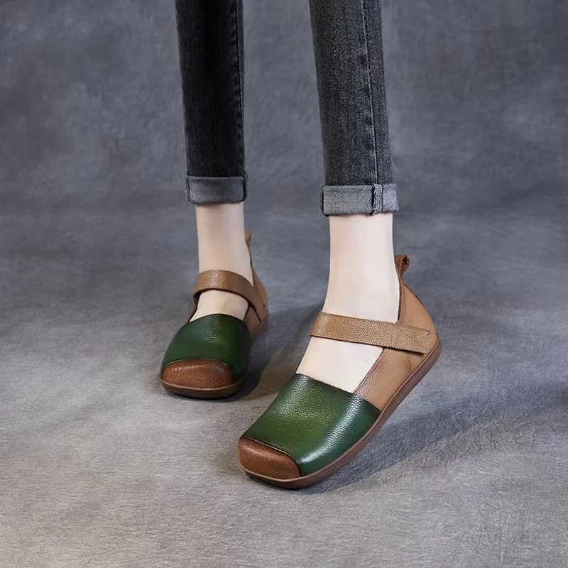 春秋单鞋平底鞋拼色头层牛皮方头妈妈鞋复古魔术贴软底软面手工鞋