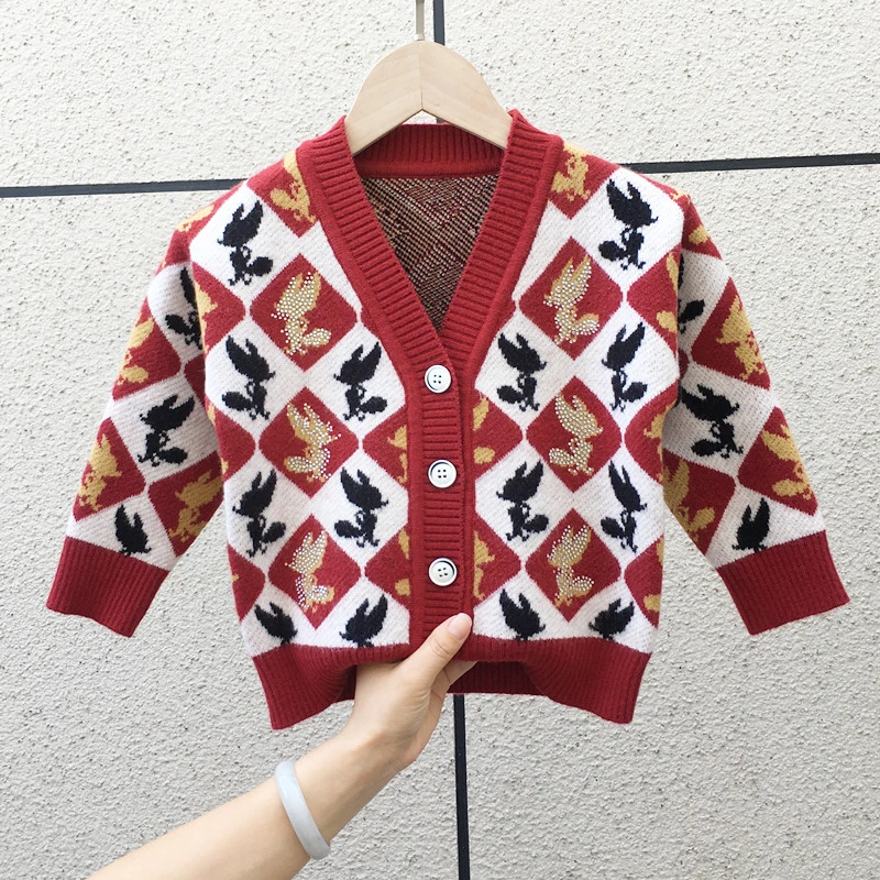 男童复古学院风开衫上衣洋气女童菱形毛衣薄款休闲森系小童宝宝