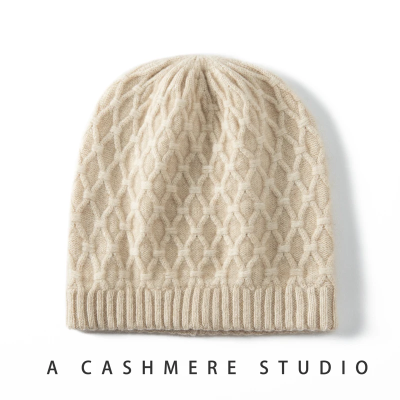 ps121阿兰花提花山羊绒帽子女针织加厚保暖菱形护耳毛线帽包头帽