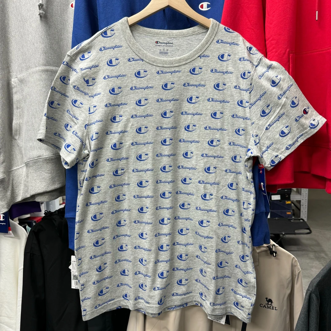 Champion/冠军 海外版满印草写字母灰色圆领T恤 T5747P-AUMM