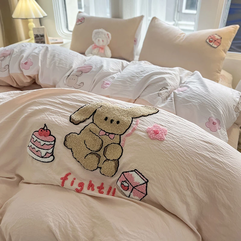 春秋故事毛巾绣印花四件套2024新款卡通风三件套床上用品被套套件