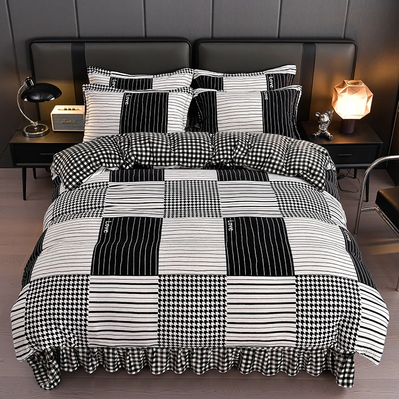 春秋故事冬季新款牛奶绒印花四件套卡通花卉加厚加绒被套-床裙款