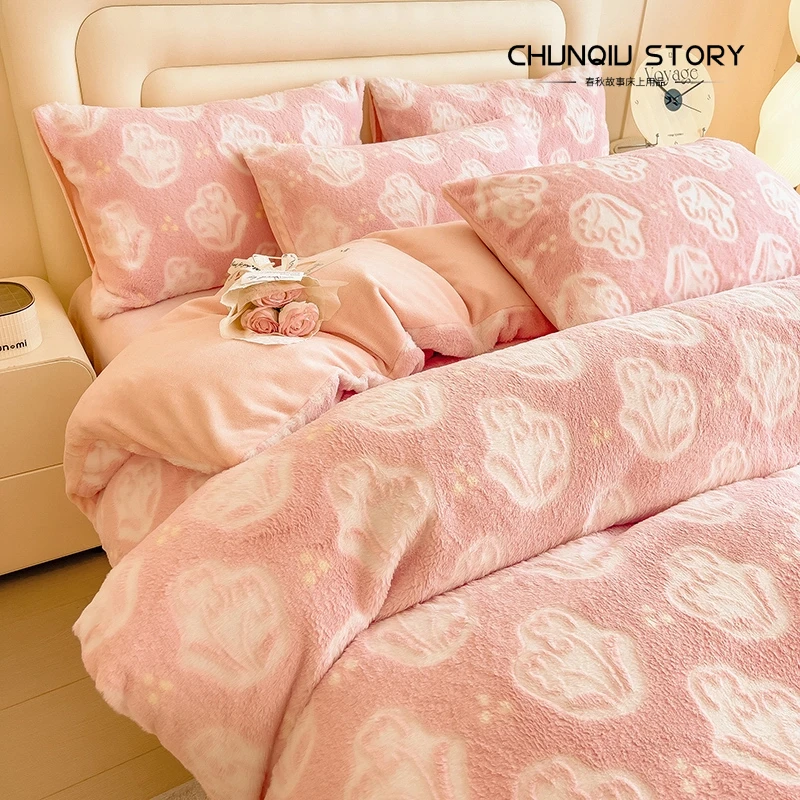 春秋故事冬加厚雕花绒床上四件套牛奶绒被套冬天法兰珊瑚绒保暖