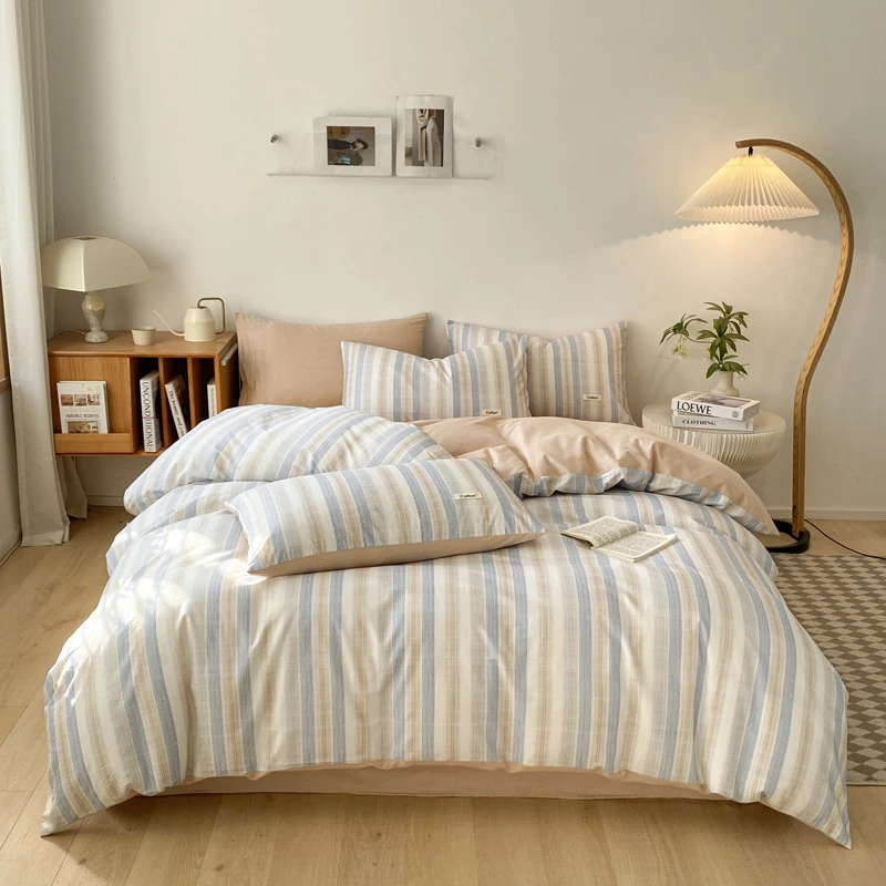 春秋故事全棉四件套简约100纯棉被套套件纯色条纹三件套床品