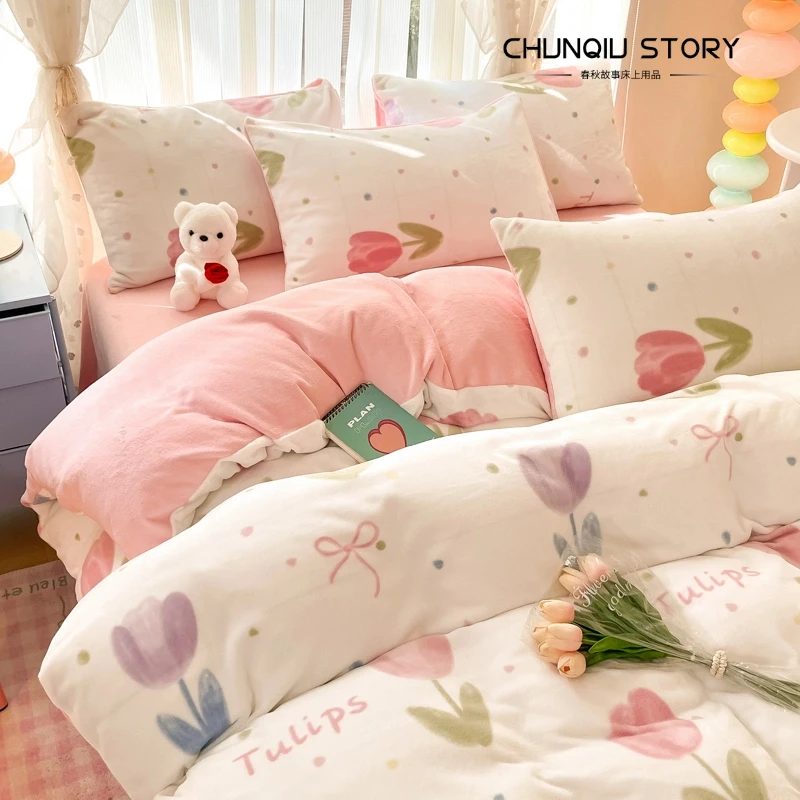 春秋故事冬季新款加绒加厚四件套卡通花卉双面牛奶绒套件床上用品
