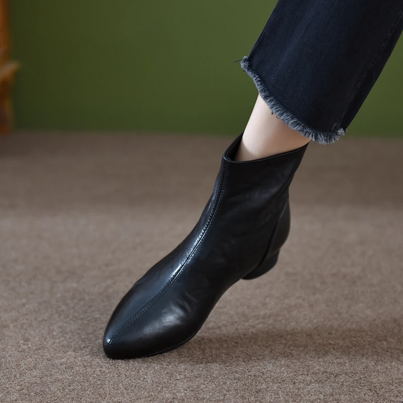 头层牛皮3cm真皮中跟粗跟短靴子女春秋单靴复古后拉链方头瘦瘦靴