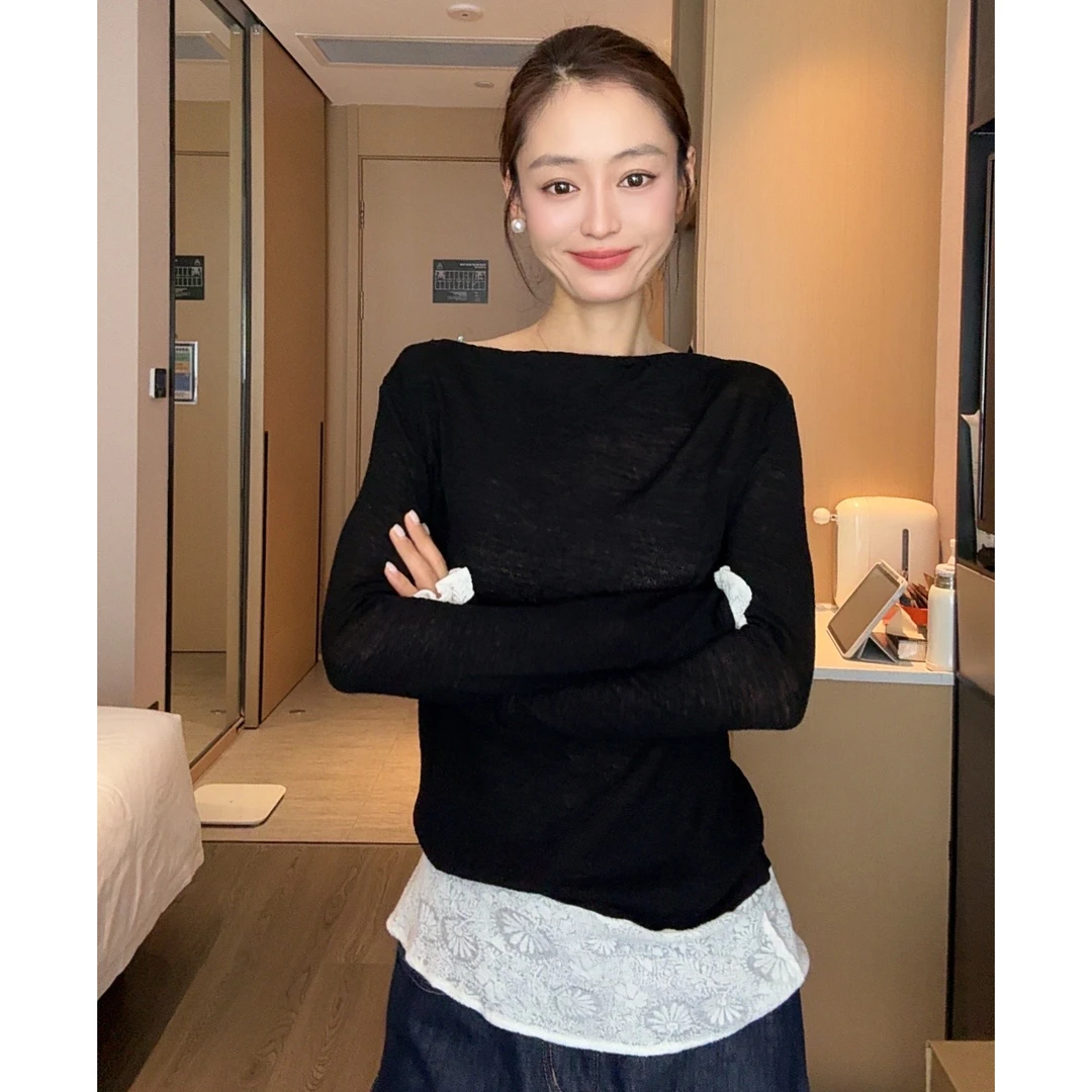 【Q】蕾丝拼接假两件喇叭袖打底衫修身显瘦长袖T恤H10053