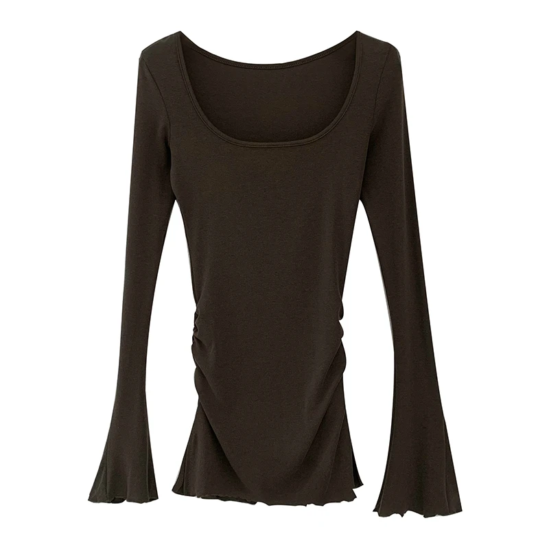 【YD】修身显瘦大方领喇叭袖上衣女新款韩版长袖褶皱打底衫7835