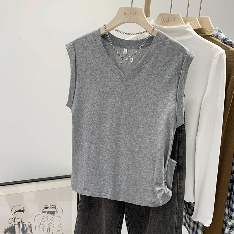【Q】设计感小众V领卷边无袖T恤女2024春夏新款褶皱背心8742